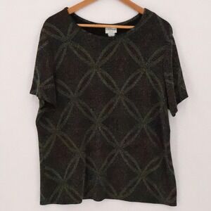 Modern Essentials Metallic Geometric Knit Top Womens‎ XL Black Silver Sparkly